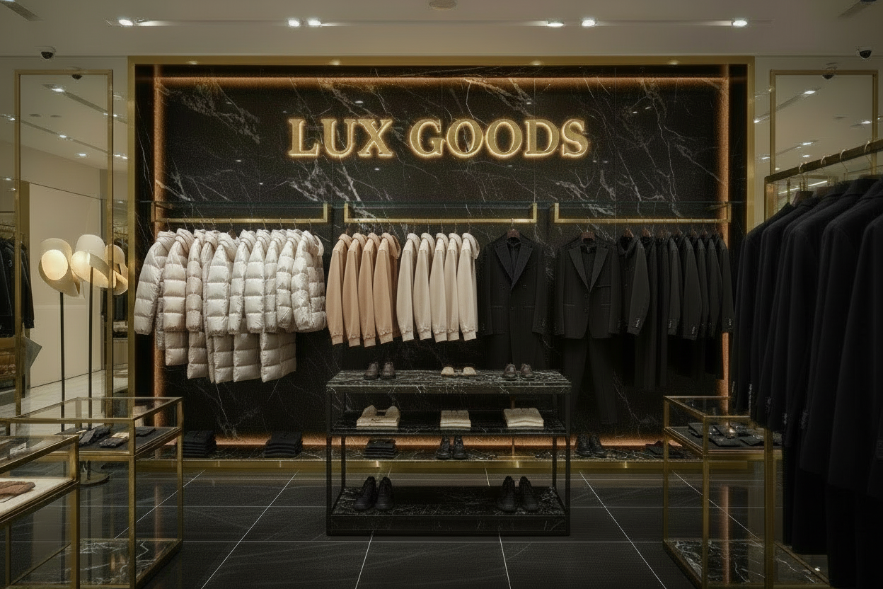 make a luxury shop with the name lux goods in the back with hoodies puffers pants trousers and add a few fancy clothings in too